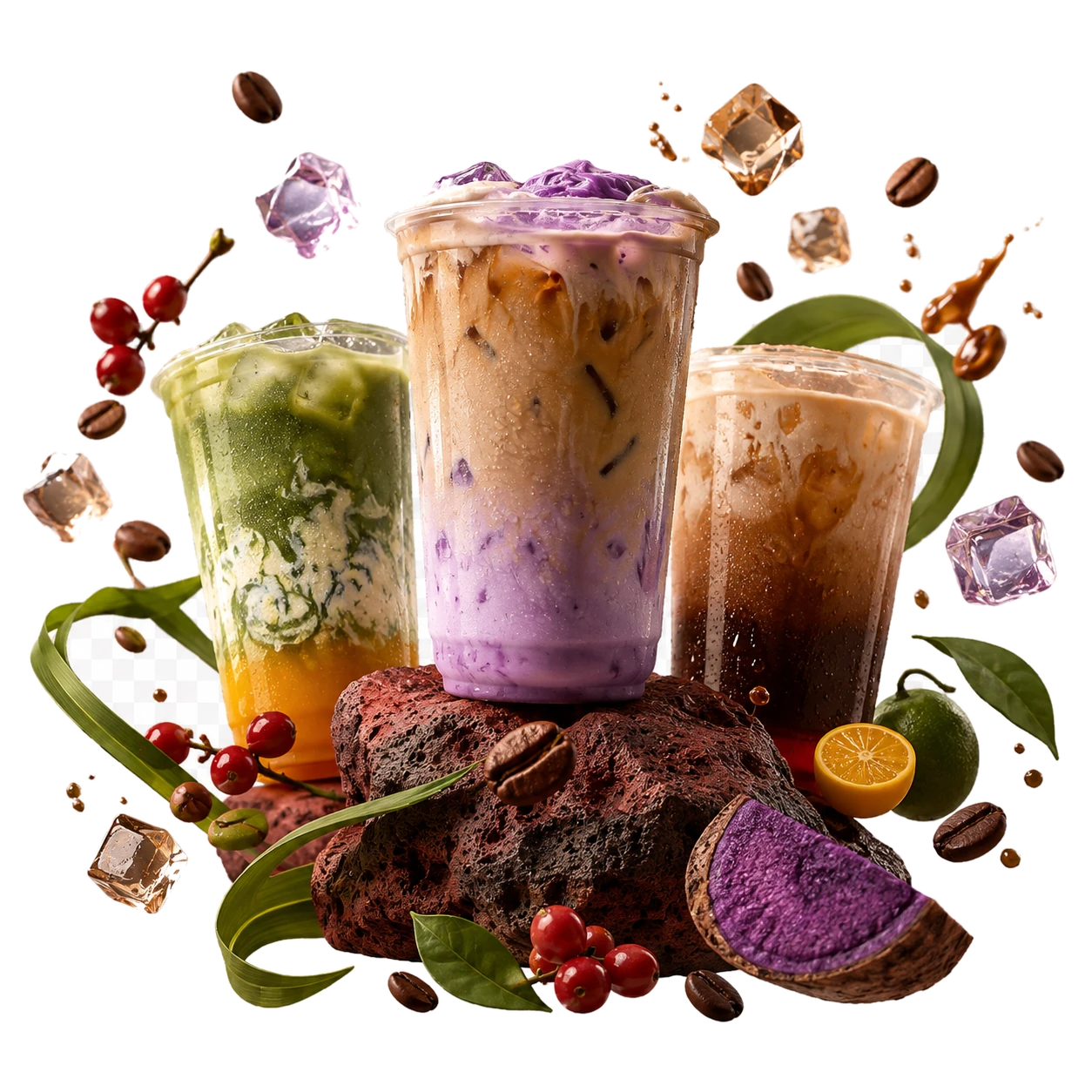 Three iced Filipino-inspired drinks surrounded by ube, pandan, kalamansi, coffee cherries, and beans