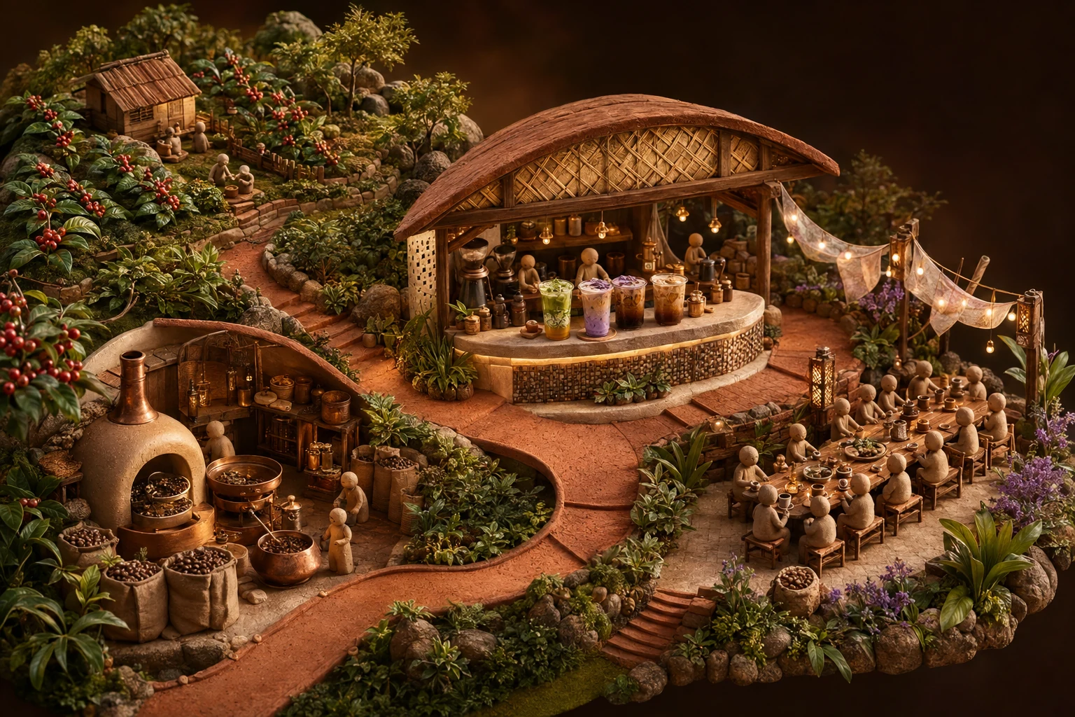 A connected miniature world moving from a Batangas coffee hillside through roasting and a Filipino espresso bar to a community table